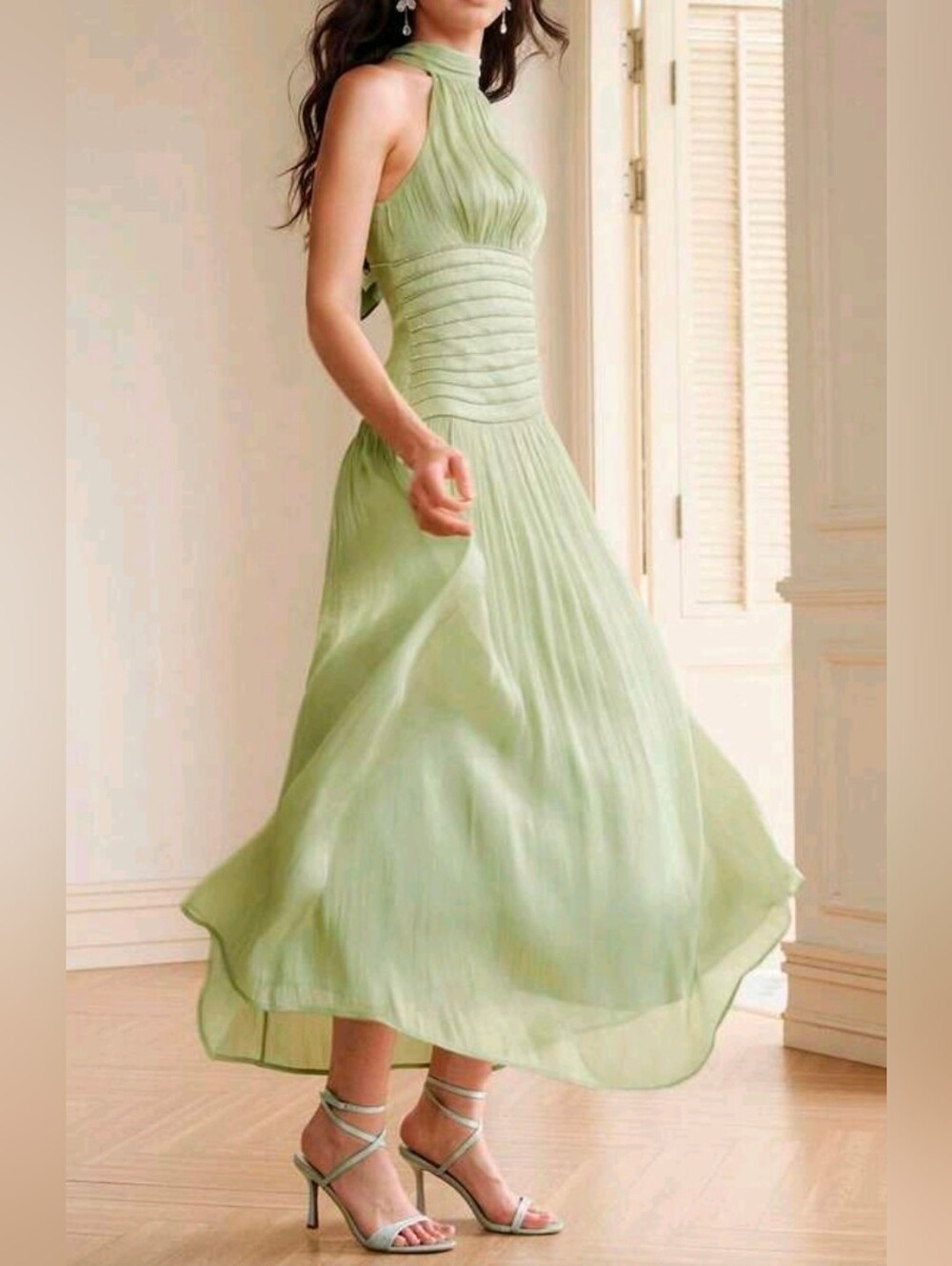 New Metallic Crinkled Halter Rhinestone Trim Maxi Dress Green - Picture 4 of 15